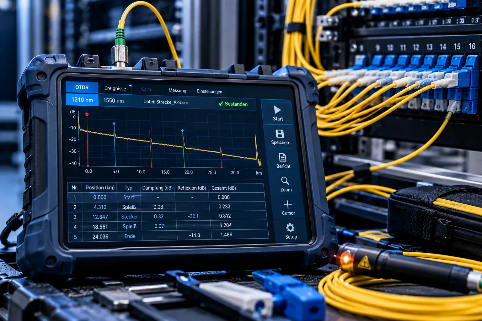 OTDR-Messung und Analyse einer Glasfaserstrecke